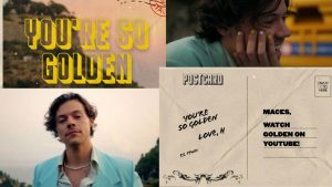 GOLDEN LOOKS- Harry Styles wears a Gucci blazer and an Eliou beaded necklace in his newest music video. Styles admits that “Golden” is one of his favorite tunes from his Fine Line Album. “I used to drive to the studio, and it’s the perfect PCH [Pacific Coast Highway] song. It’s like driving down the coast is what the song is for,” Styles said. 
