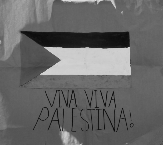 “Viva Viva Palestina!” Picture by Aren Campos.
	This picture shows how people are showing their support for Palestine. This picture was taken at a lunch event where they gave an explanation of the war and how the U.S is giving support from the ceasefire and how they are sending help to Palestine.  
