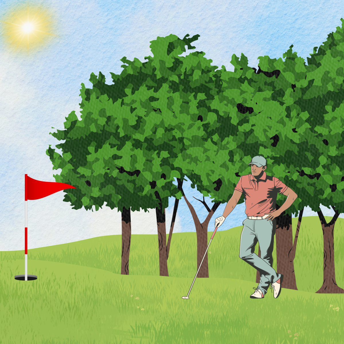 “Take a deep breath” Cartoon by Nataly Leon
This is a cartoon that gives a simple picture of what it's like to be on the golf course; It depicts the feeling that golf players feel when they are on the green. It shows a golf player standing on the green, taking his time to complete his goal: getting the ball in the hole. 
